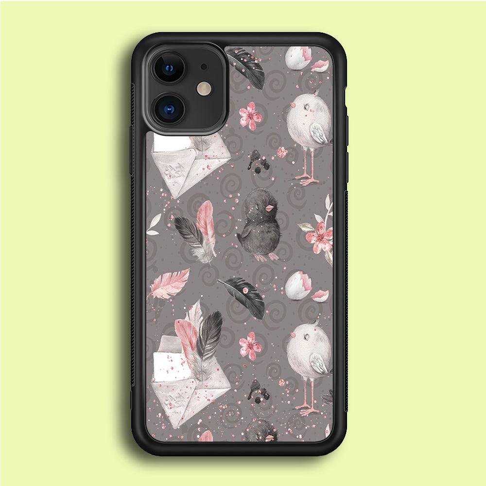 Motif Bird and Letter Grey iPhone 12 Case-Rubber / Black (2D Case)-Xtracase