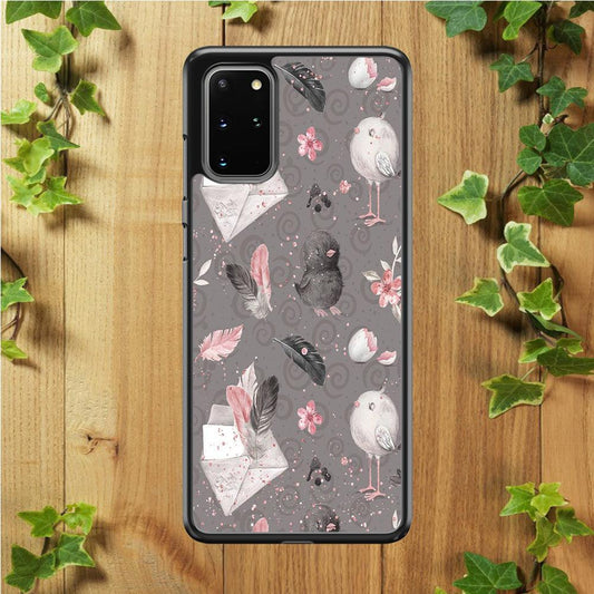 Motif Bird and Letter Grey Samsung Galaxy S20 Plus Case-Rubber / White (2D Case)-Xtracase