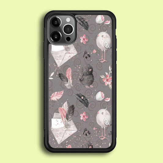 Motif Bird and Letter Grey iPhone 12 Pro Case-Rubber / Black (2D Case)-Xtracase
