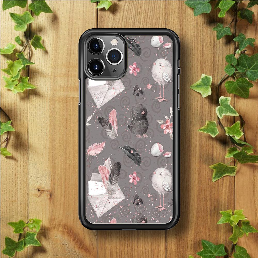 Motif Bird and Letter Grey iPhone 11 Pro Case-Rubber / Black (2D Case)-Xtracase