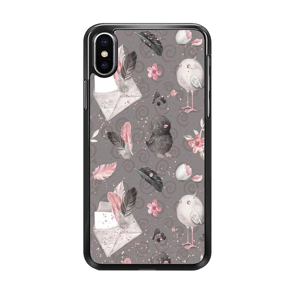 Motif Bird and Letter Grey iPhone Xs Max Case-Rubber / Black (2D Case)-Xtracase