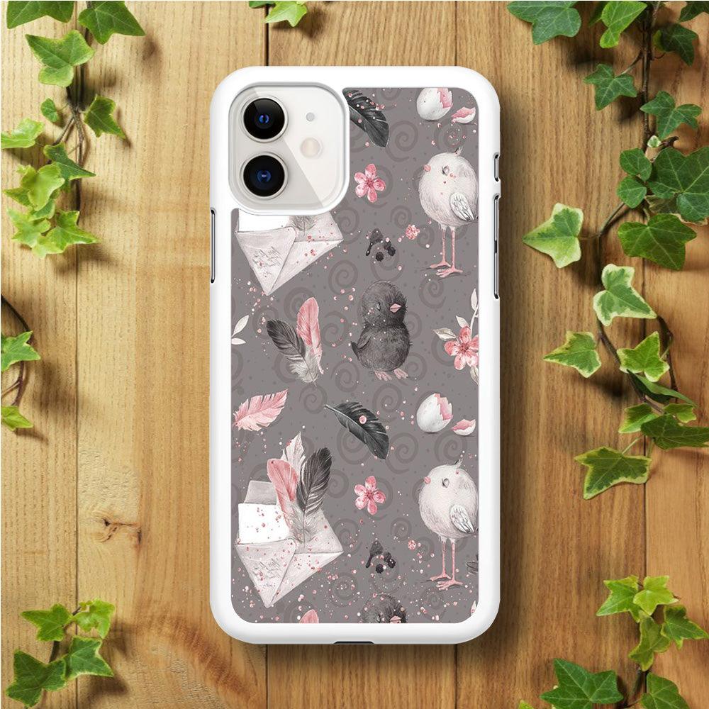 Motif Bird and Letter Grey iPhone 11 Case-Rubber / White (2D Case)-Xtracase