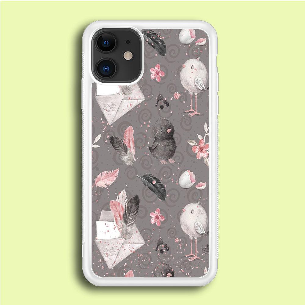 Motif Bird and Letter Grey iPhone 12 Case-Rubber / White (2D Case)-Xtracase