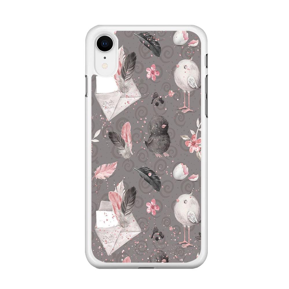 Motif Bird and Letter Grey iPhone XR Case-Rubber / White (2D Case)-Xtracase