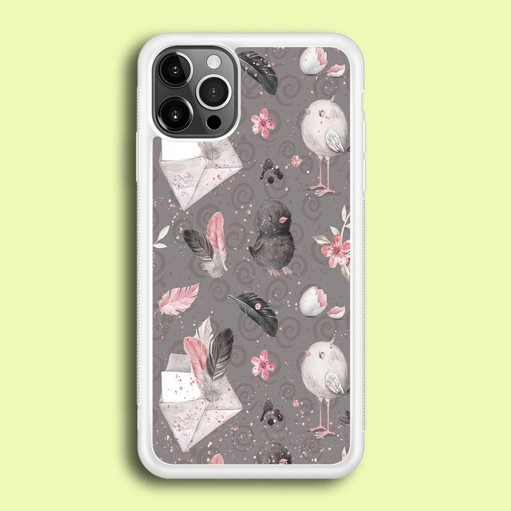 Motif Bird and Letter Grey iPhone 12 Pro Case-Rubber / White (2D Case)-Xtracase