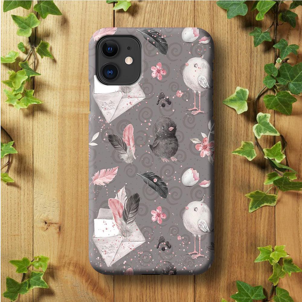 Motif Bird and Letter Grey iPhone 11 Case-Plastic / Full Wrap (3D Case)-Xtracase