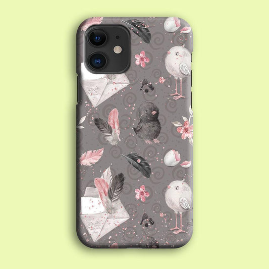 Motif Bird and Letter Grey iPhone 12 Case-Plastic / Full Wrap (3D Case)-Xtracase