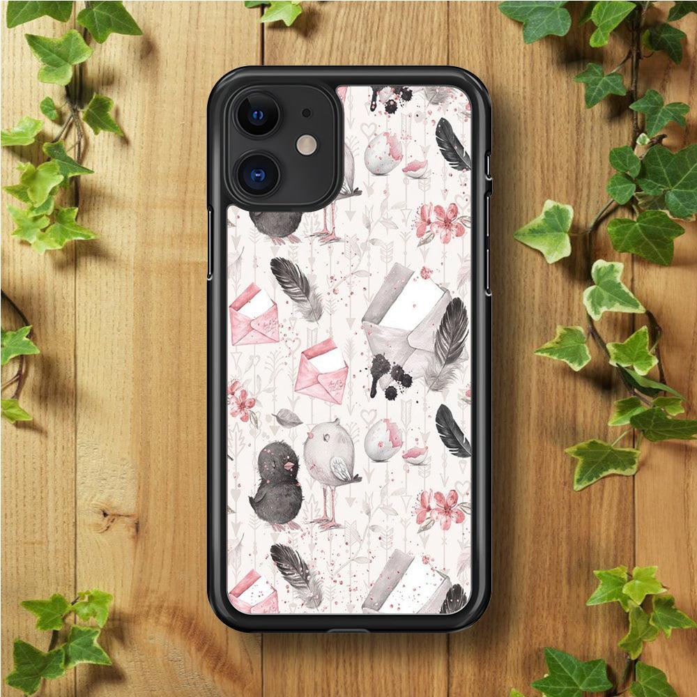 Motif Bird and Letter White iPhone 11 Case-Rubber / Black (2D Case)-Xtracase
