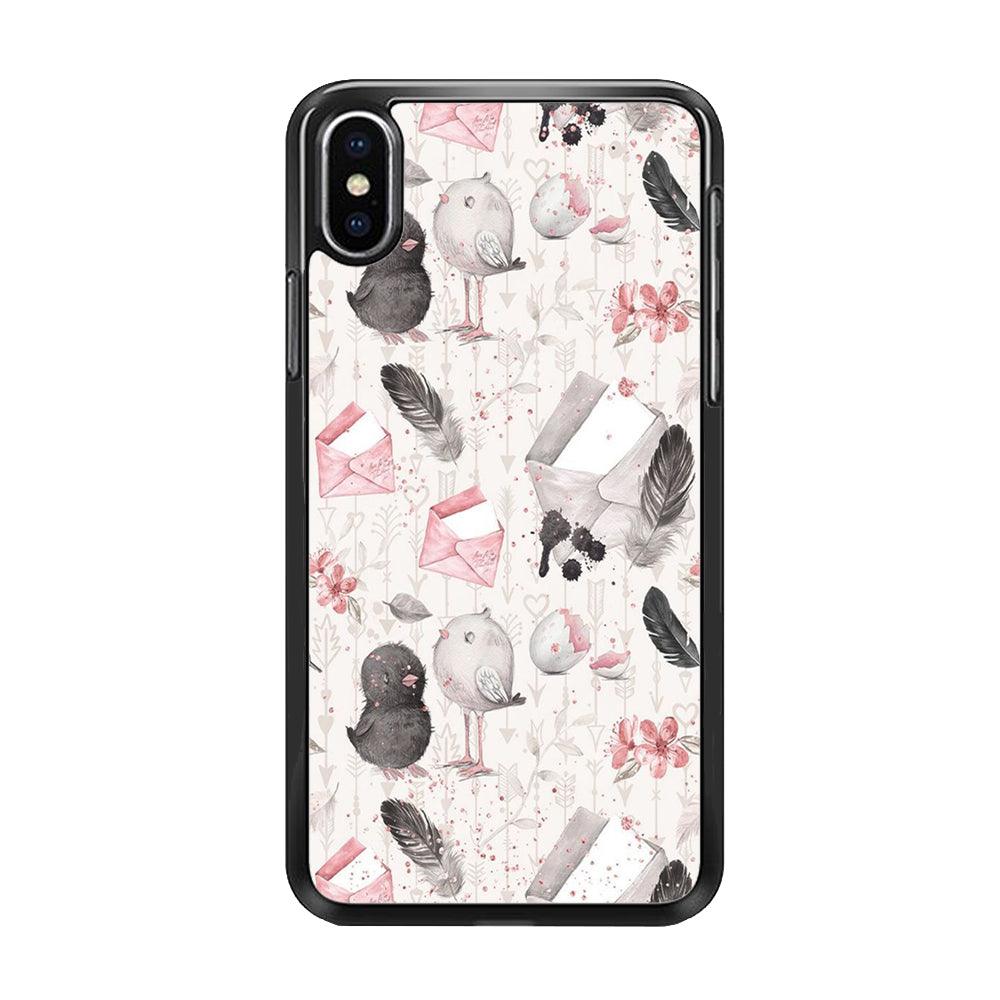Motif Bird and Letter White iPhone X Case-Rubber / Black (2D Case)-Xtracase