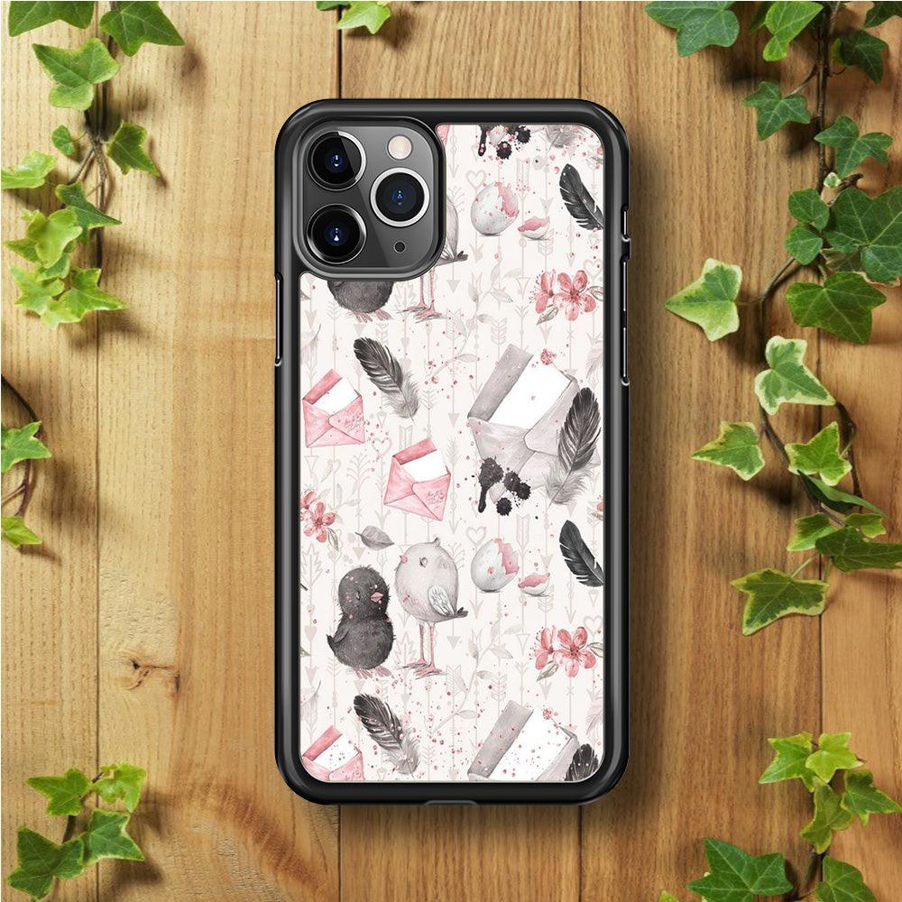 Motif Bird and Letter White iPhone 11 Pro Case-Rubber / Black (2D Case)-Xtracase
