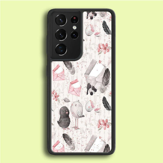 Motif Bird and Letter White Samsung Galaxy S21 Ultra Case-Rubber / White (2D Case)-Xtracase