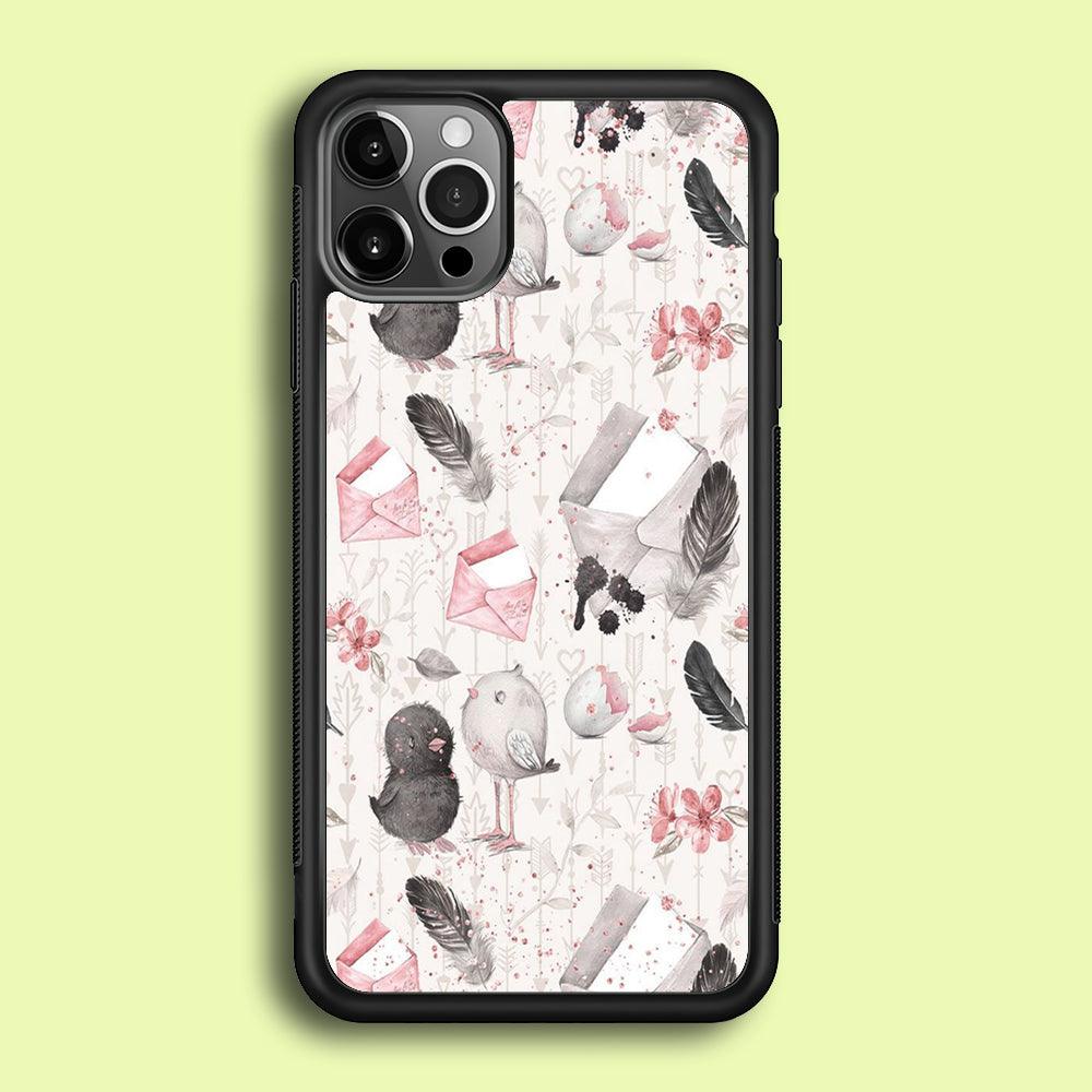 Motif Bird and Letter White iPhone 12 Pro Case-Rubber / Black (2D Case)-Xtracase