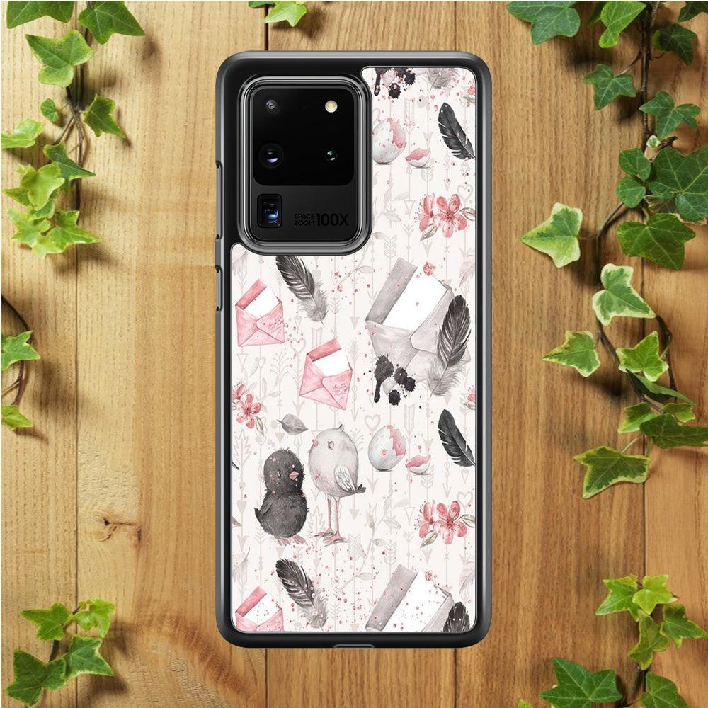Motif Bird and Letter White Samsung Galaxy S20 Ultra Case-Rubber / Black (2D Case)-Xtracase