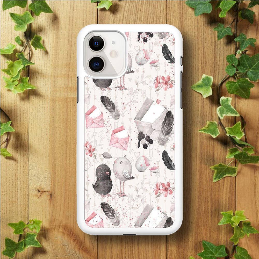 Motif Bird and Letter White iPhone 11 Case-Rubber / White (2D Case)-Xtracase