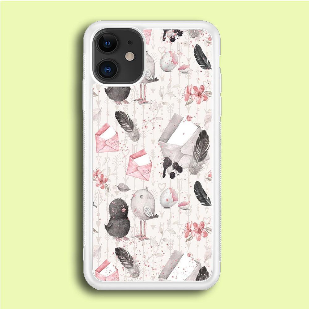 Motif Bird and Letter White iPhone 12 Case-Rubber / White (2D Case)-Xtracase
