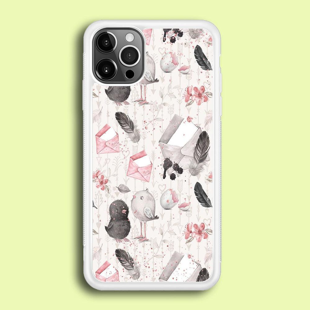 Motif Bird and Letter White iPhone 12 Pro Case-Rubber / White (2D Case)-Xtracase