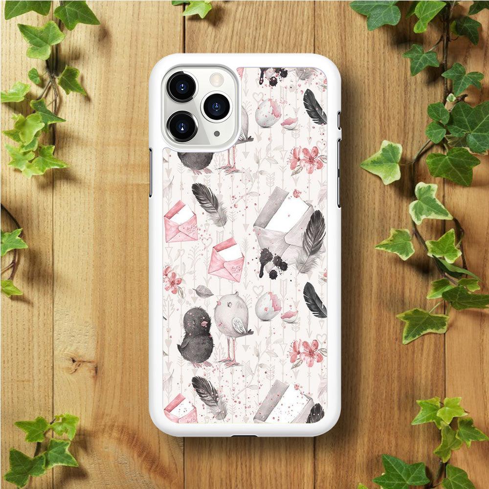 Motif Bird and Letter White iPhone 11 Pro Max Case-Rubber / White (2D Case)-Xtracase