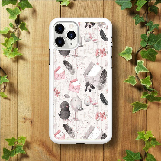 Motif Bird and Letter White iPhone 11 Pro Max Case-Rubber / White (2D Case)-Xtracase