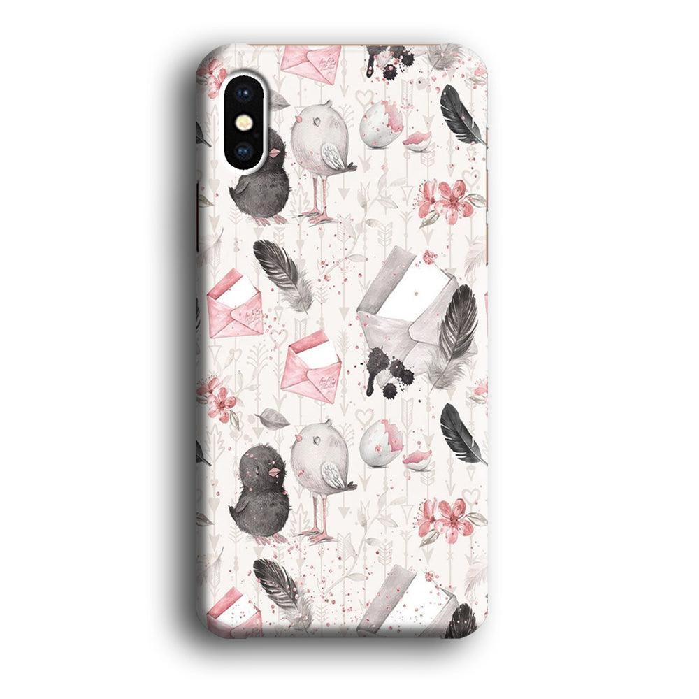 Motif Bird and Letter White iPhone Xs Case-Plastic / Full Wrap (3D Case)-Xtracase