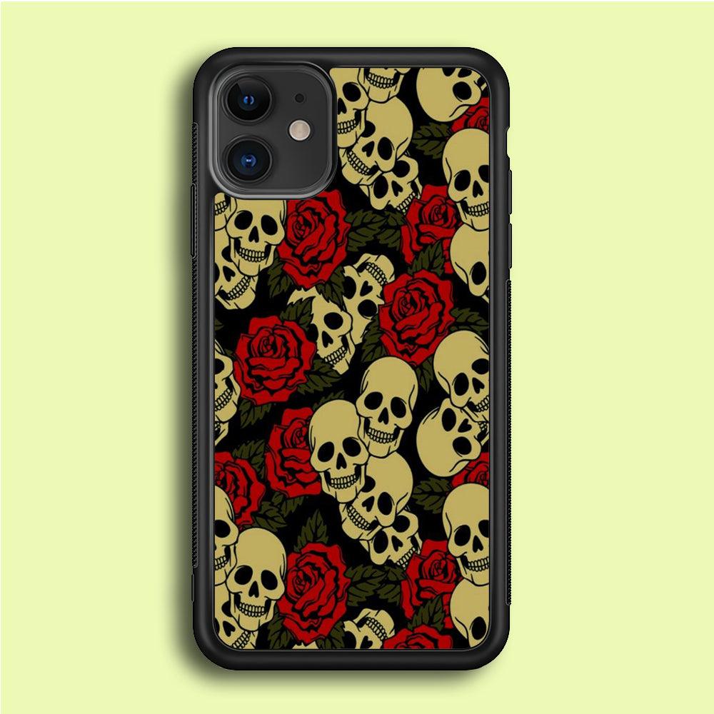 Motif Skull and Rose iPhone 12 Mini Case-Rubber / Black (2D Case)-Xtracase