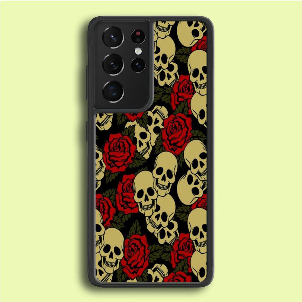 Motif Skull and Rose Samsung Galaxy S21 Ultra Case-Rubber / Black (2D Case)-Xtracase
