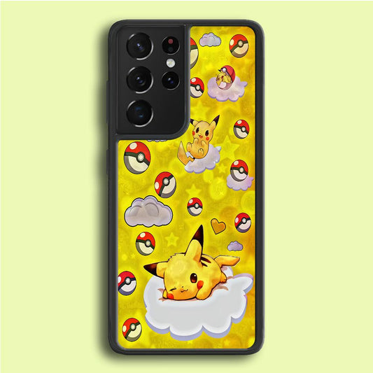 Pokemon Pikachu and Cloud Samsung Galaxy S21 Ultra Case-Rubber / White (2D Case)-Xtracase