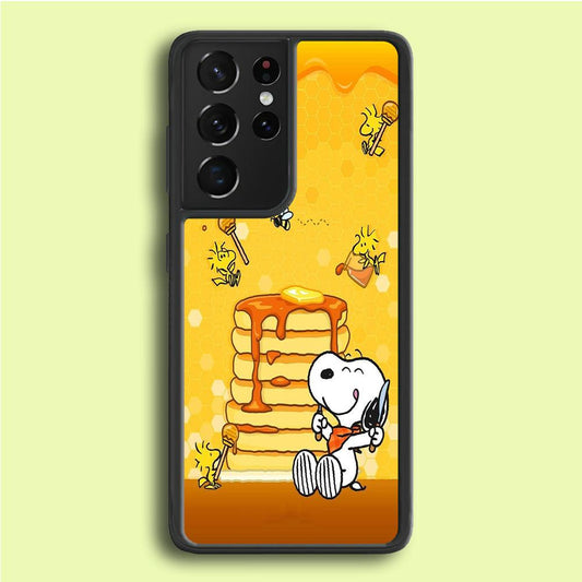 Snoopy Eats Honey Samsung Galaxy S21 Ultra Case-Rubber / Black (2D Case)-Xtracase