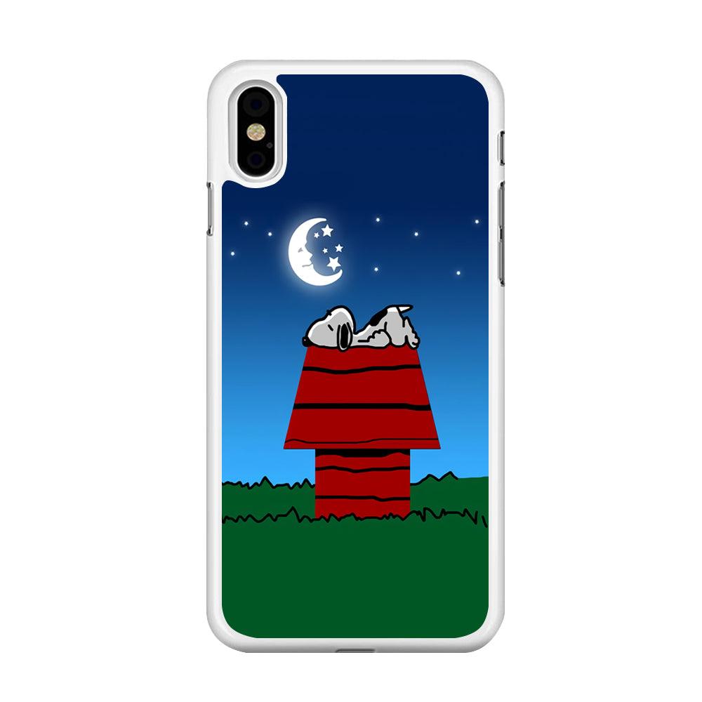 Snoopy Sleeps at Night iPhone Xs Case-Rubber / White (2D Case)-Xtracase