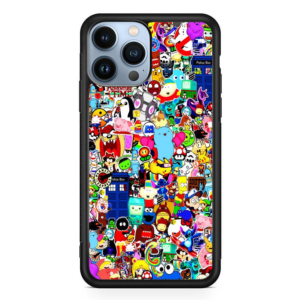 Sticker Collection Cartoon iPhone 13 Pro Max Case-Rubber / Black (2D Case)-Xtracase