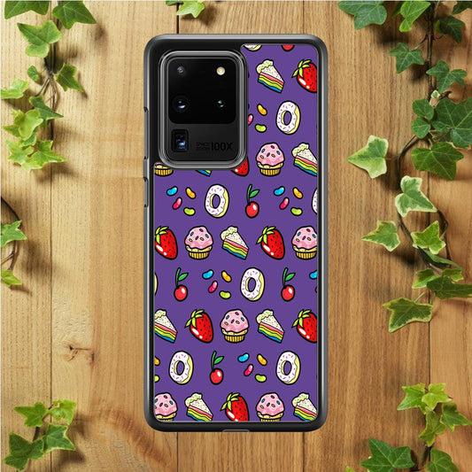 Sweet Cake Doodle Purple Samsung Galaxy S20 Ultra Case-Rubber / Black (2D Case)-Xtracase