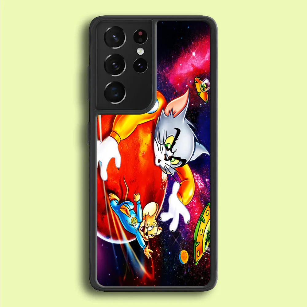 Tom and Jerry Space Samsung Galaxy S21 Ultra Case-Rubber / White (2D Case)-Xtracase