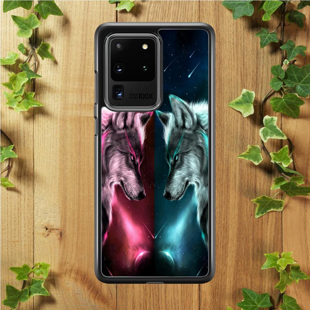 Two Wolf Red Blue Galaxy Samsung Galaxy S20 Ultra Case-Rubber / White (2D Case)-Xtracase