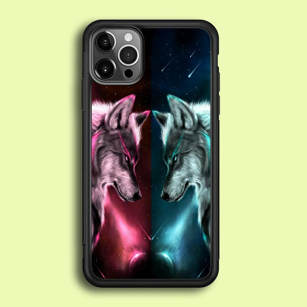 Two Wolf Red Blue Galaxy iPhone 12 Pro Case-Rubber / Black (2D Case)-Xtracase