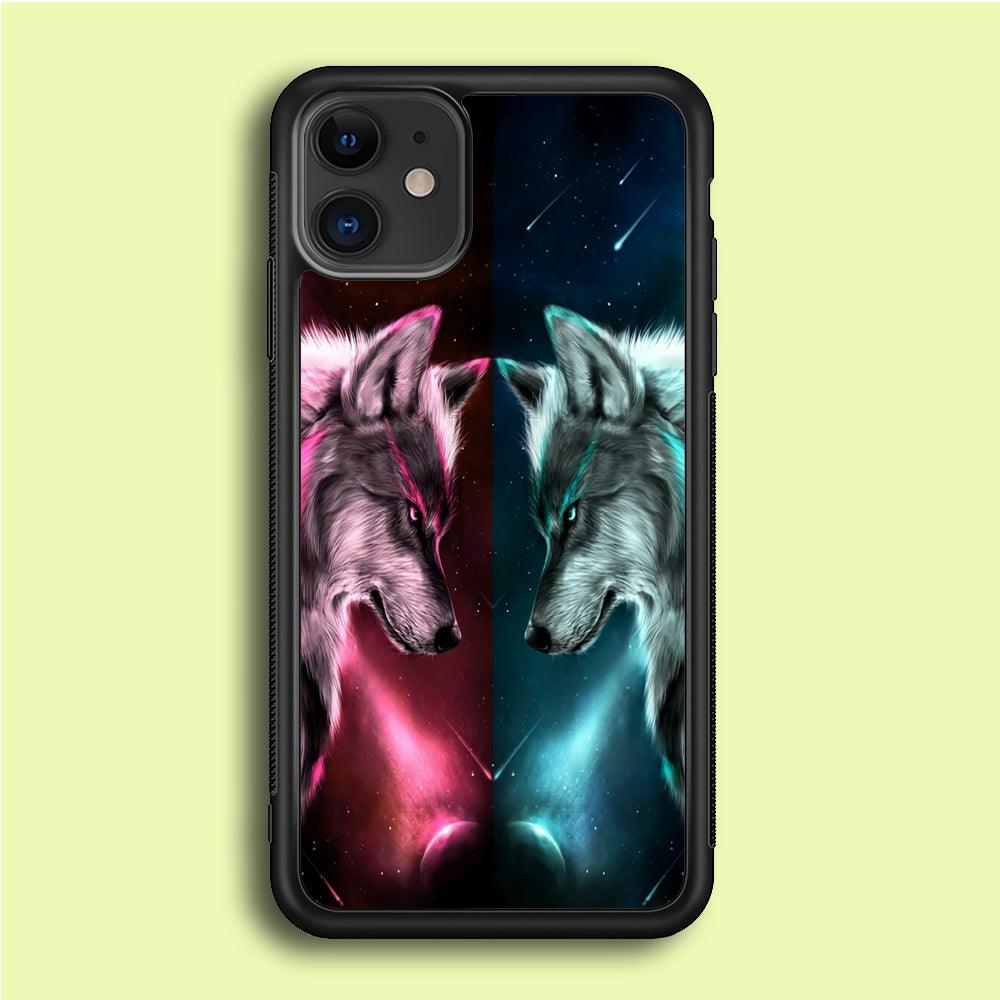 Two Wolf Red Blue Galaxy iPhone 12 Mini Case-Rubber / Black (2D Case)-Xtracase