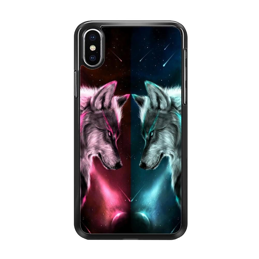Two Wolf Red Blue Galaxy iPhone Xs Case-Rubber / Black (2D Case)-Xtracase