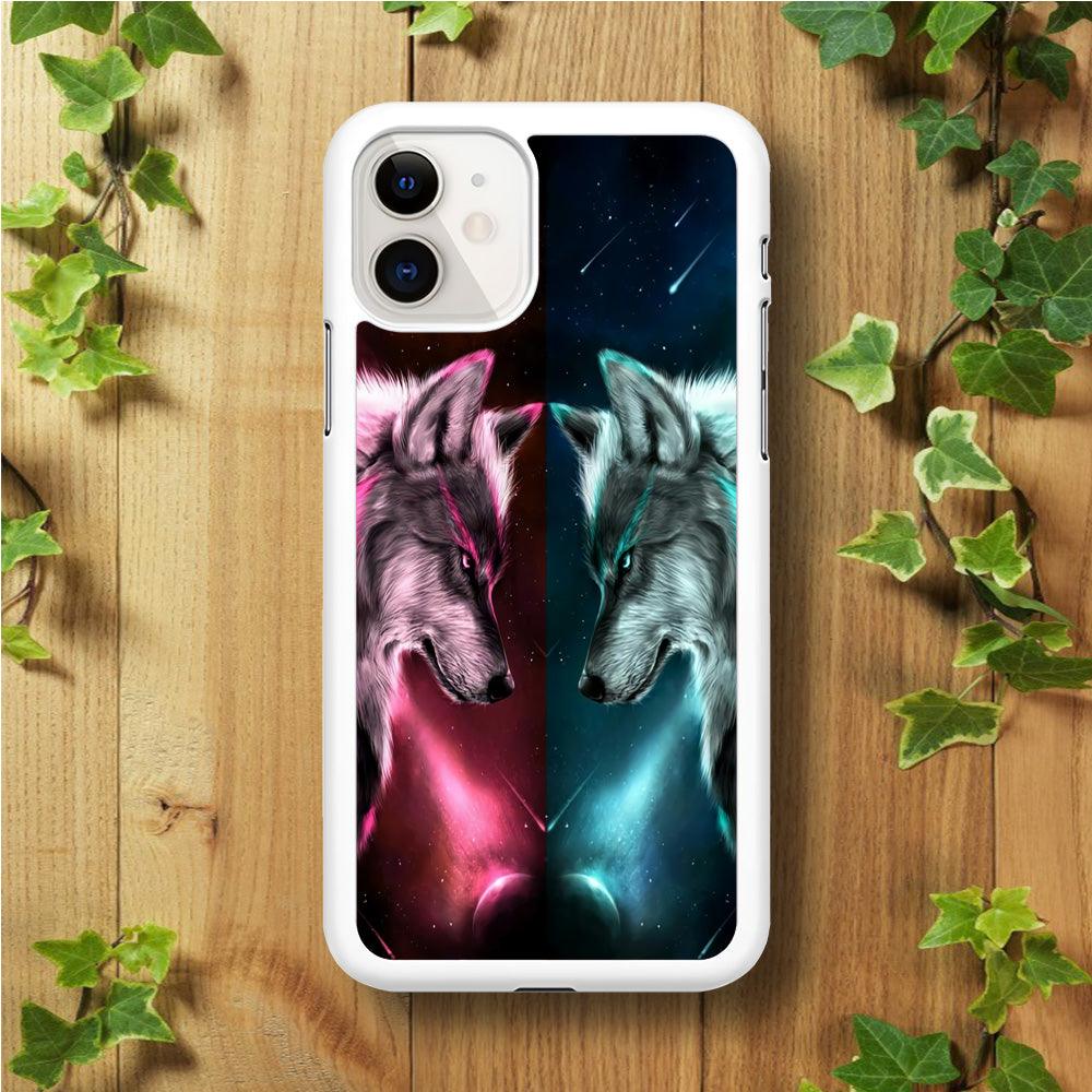 Two Wolf Red Blue Galaxy iPhone 11 Case-Rubber / White (2D Case)-Xtracase