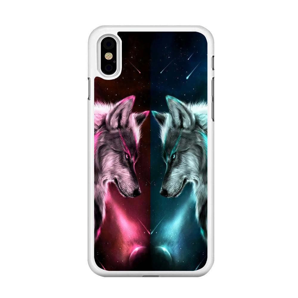 Two Wolf Red Blue Galaxy iPhone Xs Case-Rubber / White (2D Case)-Xtracase