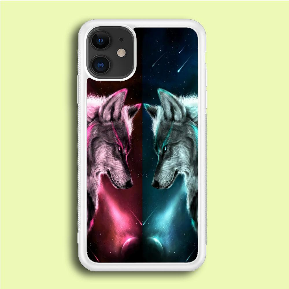 Two Wolf Red Blue Galaxy iPhone 12 Case-Rubber / White (2D Case)-Xtracase