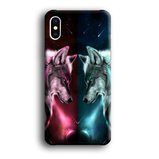 Two Wolf Red Blue Galaxy iPhone Xs Case-Plastic / Full Wrap (3D Case)-Xtracase