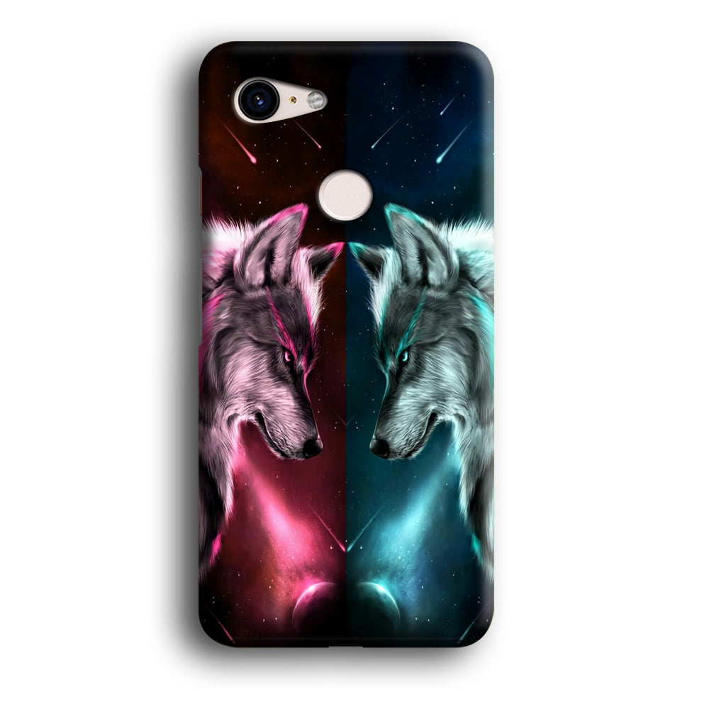Two Wolf Red Blue Galaxy Google Pixel 3 3D Case
